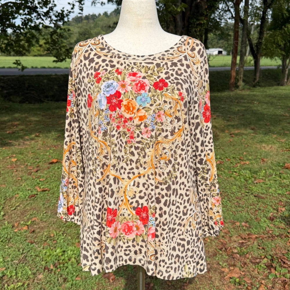 Johnny Was Los Angeles Leopard Floral Tunic Top XL Bamboo Viscose T18922-8 Boho
